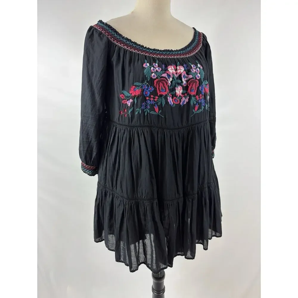 Free People Sunbeams Off Shoulder Mini Dress Black Small Embroidered Ruffled